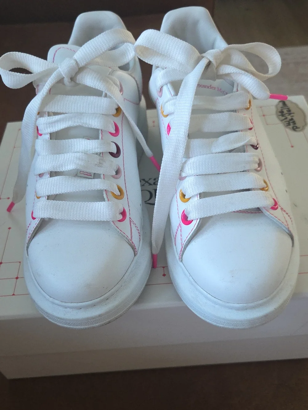 Alexander McQueen White Sneakers with Pink & Yellow Eyelet Accents